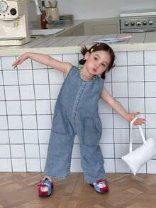 DAZY Bộ áo liền quần denim không tay cổ tròn dáng rộng cho bé gái sơ sinh/trẻ nhỏ - Màu xanh lam - Xem 1