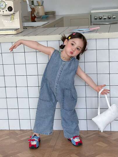 DAZY Bộ áo liền quần denim không tay cổ tròn dáng rộng cho bé gái sơ sinh/trẻ nhỏ