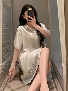 DAZY 女士撞色蕾丝短袖单排扣优雅睡裙 - 白色 - 查看 1