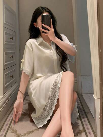 DAZY Women's Contrast Lace Short Sleeve Single-Breasted Elegant Nightgown