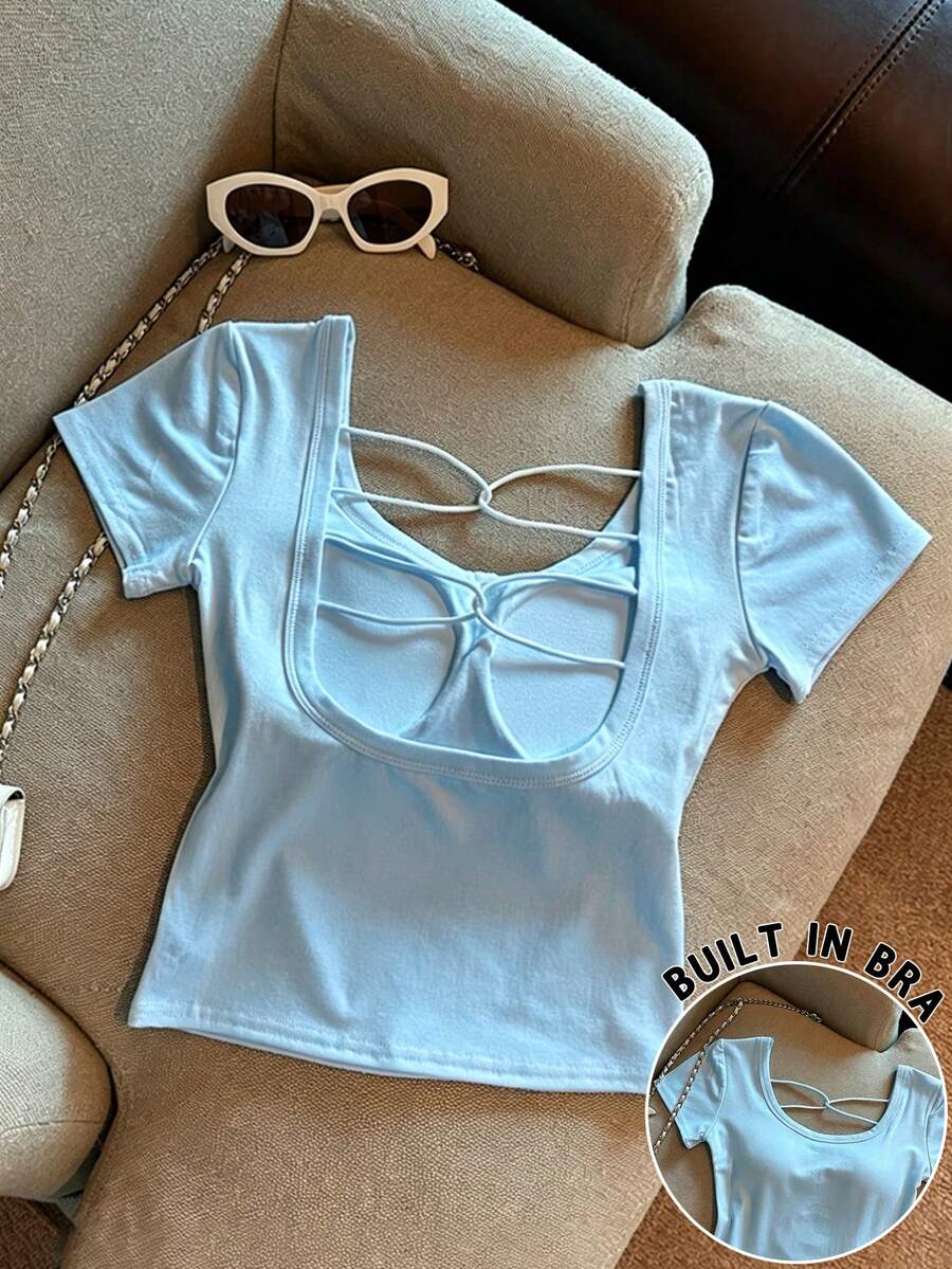Franclia Áo thun nữ ôm sát tay ngắn có đệm, hở lưng, thiết kế khoét rỗng, mùa hè - Màu xanh lam - Xem 1