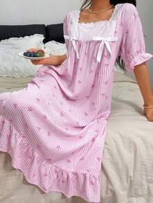 Napfluff Camisón de mujer de manga corta con estampado de rayas y lazo, ropa de dormir dulce y linda, vestido delgado de longitud media para el verano - Rosa - Ver 5