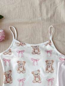 SHEIN 4 piezas Conjunto de pijamas para niñas preadolescentes - Decoración con moño y estampado de oso de dibujos animados en camiseta y pantalones cortos - Multicolor - Ver 3