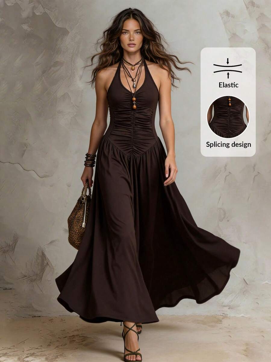 Solivie Đầm cổ yếm phong cách Bohemian lãng mạn dành cho nữ, màu cà phê.