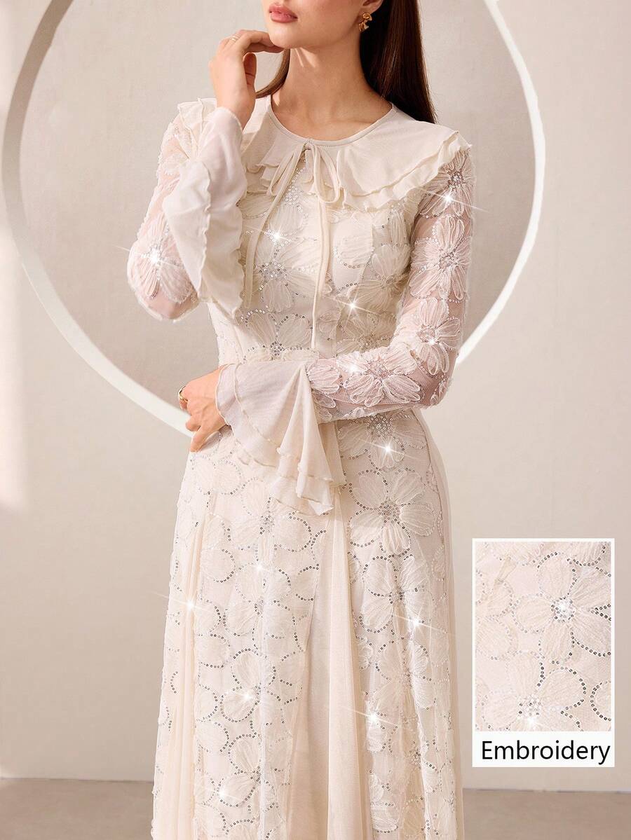 Graceveil Apricot Mesh Patchwork Beaded Embroidered Ruffle Hem Elegant Evening Dress For Women
