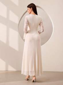 Graceveil Apricot Mesh Patchwork Beaded Embroidered Ruffle Hem Elegant Evening Dress For Women - Apricot - View 3