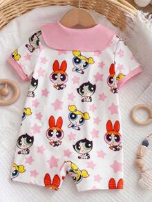 THE POWERPUFF GIRLS X SHEIN Barboteuse à manches courtes mignonne avec imprimé étoiles pour bébé fille - Rose pâle - Voir 2