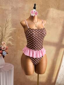 Swim Mod Summer Women's One-Piece Brown Polka Dot Print Splicing Pink Ruffle Detachable Strap Swimsuit For Beach - Multicolor - View 5