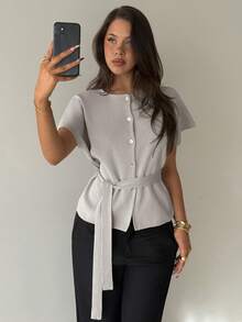 Aloruh Áo khoác cardigan nữ thanh lịch, nhẹ nhàng, đan móc, có thắt lưng, thiết kế buộc eo thời trang, giúp thon gọn vóc dáng, thích hợp cho mùa hè. - Màu Khaki - Xem 5