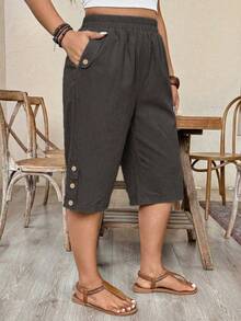 Weeklong Plus Size Women Elastic Waist Casual Shorts With Side Pockets And Rivet Decor - Dark Grey - View 4