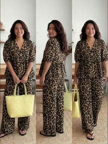Enliva Plus Size Leopard Print Shirt And Pants 2 Pieces Set, For Apple And Rounded Holiday Vacation Summer Boho - Multicolor - View 6