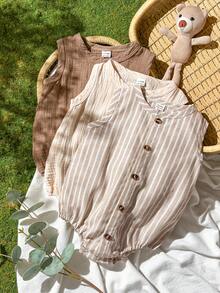 SHEIN Vintaside Kids 男婴夏季柔桃色、复古棕色、经典条纹三色套装，略带弹力，前开襟抽绳设计。复古日常休闲风格。多种颜色可选，适合各种穿搭风格。宽松版型。适合日常户外活动、上学、度假、运动、聚会等多种场合。用途广泛。 - 彩色 - 查看 4