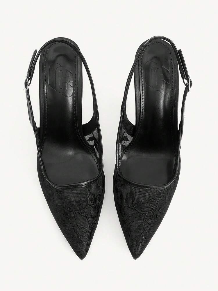 CUCCOO CHICEST Women Shoes Spring And Summer New Black Mesh Embroidered Pointed High Heels, Slingback Button Thin Heel French Sexy Style, Daily Commuting Banquet Dating Shoes, Workplace Dress Matching Shoes, Temperament Versatile Women's Shoes