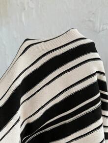 SHEIN Tall 时尚多彩针织长款毛衣连衣裙，女款，立领，短泡泡袖，条纹设计 - 黑與白 - 查看 7