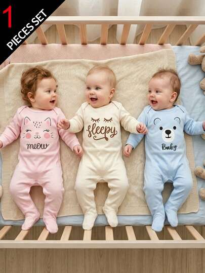 SHEIN [Ngẫu nhiên 3 chiếc, gửi 1 chiếc] Bộ áo liền quần cho bé sơ sinh in hình mèo và gấu hoạt hình, chất liệu mềm mại và thoải mái, màu hồng, be, xanh nhạt (3 màu).
