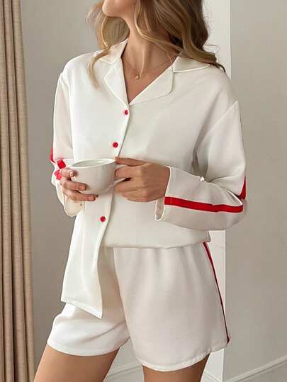 DAZY Women's Comfortable Casual Contrast Color Button Front Long Sleeve Top And Shorts Pajama Set