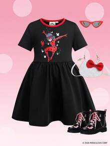 Miraculous Ladybug X SHEIN 少女極簡印花圓領短袖洋裝 - 黑色 - 查看 1