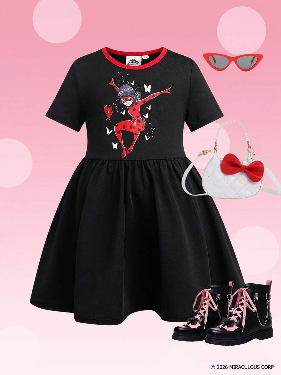 Miraculous Ladybug X SHEIN 少女極簡印花圓領短袖洋裝 - 黑色 - 查看 1