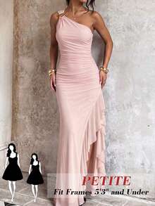 SHEIN PETITE Women's Summer Golf Knitted Mesh Sleeveless High Slit Ruffle Hem Dress Elegant Romantic Sexy Cocktail Dinner Party Bridesmaid Wedding Guest Baby Pink - Pink - View 1