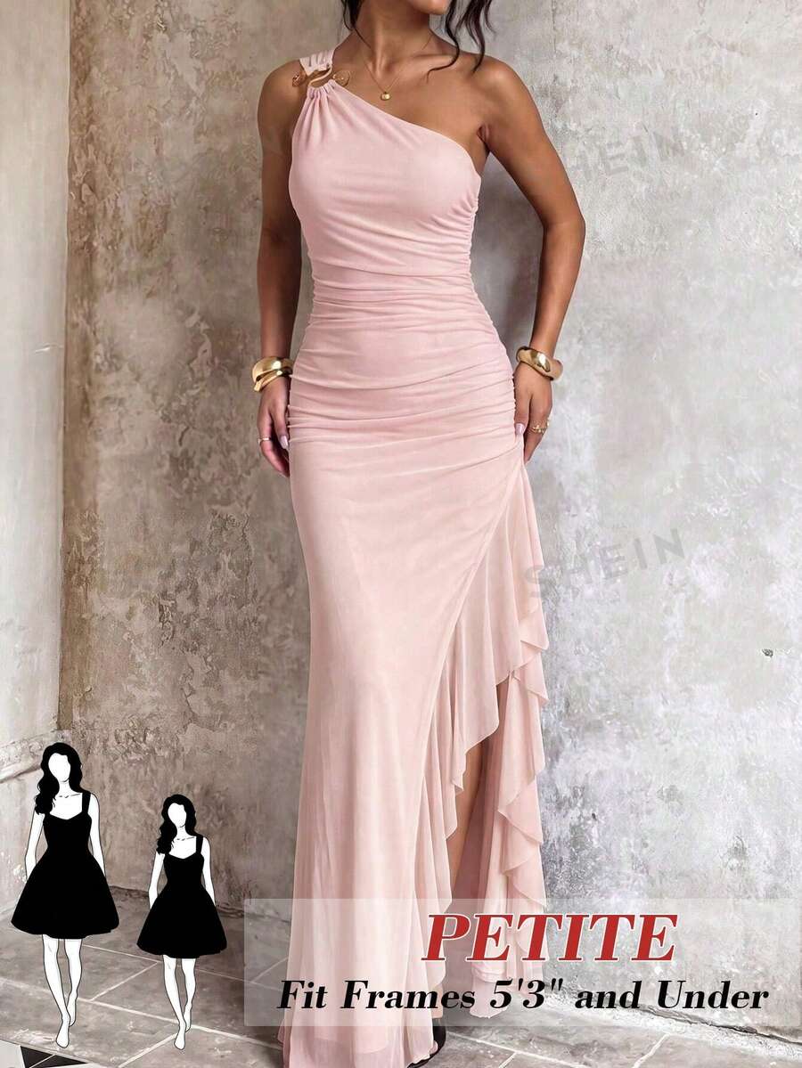 SHEIN PETITE Women's Summer Golf Knitted Mesh Sleeveless High Slit Ruffle Hem Dress Elegant Romantic Sexy Cocktail Dinner Party Bridesmaid Wedding Guest Baby Pink - Pink - View 1