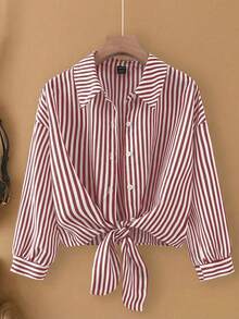 SHEIN PETITE White And Burgundy Stripe Collared Tie-Front Petite Woven Blouse Autumn For Women Everyday Casual - Burgundy - View 1