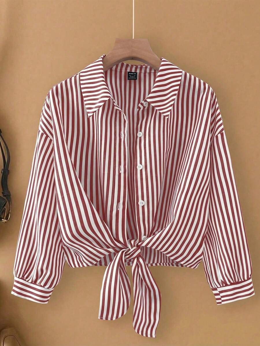 SHEIN PETITE White And Burgundy Stripe Collared Tie-Front Petite Woven Blouse Autumn For Women Everyday Casual - Burgundy - View 1
