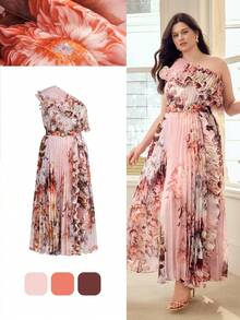 MOTF PREMIUM PLUS SIZE WOMEN'S FLORAL PRINT ASYMMETRICAL NECK PLEATED DRESS, SPRING/SUMMER - Pink - View 1