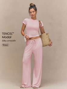 GLOWMODE Áo thun SoftCalm Modal SleekFit co giãn, thoáng khí, dài đến hông, tay ngắn, ôm dáng, cổ tròn, thích hợp mặc hàng ngày vào mùa hè. - Hồng - Xem 1