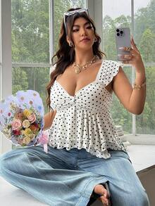 SHEIN EZwear Plus Size Women's Black And White Ruffle Sweetheart Neck Cap Sleeve Top Vacation Summer Cute - Apricot - View 1