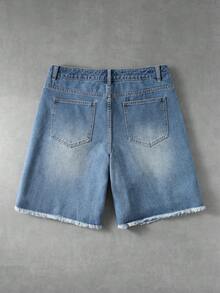 ROMWE MEN Men's Casual Loose Straight Leg Distressed Denim Shorts With Applique And Rhinestones - Blue - View 2