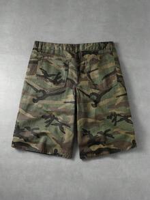 ROMWE MEN Washed Loose Casual Beaded Camo Shorts For Men - Army Green - View 2