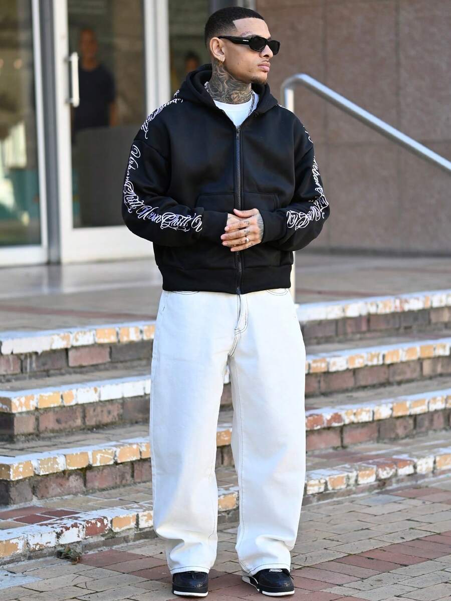 Devon Thys Áo hoodie thêu chữ tiếng Anh thời trang dệt kim hàng ngày cho nam, mùa thu, mùa đông, đồ đôi, áo dài tay - màu đen - Xem 1