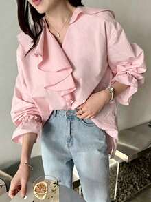 INAWLY Elegant V-Neck Ruffle Patchwork Loose Blouse - Pink - View 4