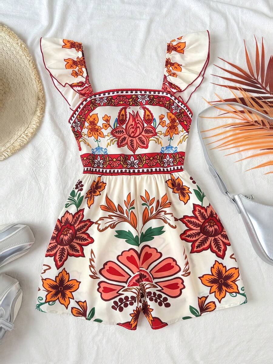SHEIN Bộ jumpsuit thường ngày tay cánh bướm in hoa cho bé gái tuổi teen - Nhiều màu - Xem 1