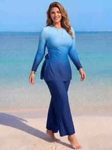 Swim Shayni Burkini kín đáo màu trơn gradient dành cho phụ nữ cỡ lớn - Màu xanh lam - Xem 4
