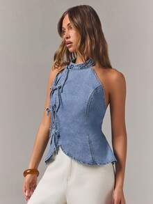 Athîral Denim 女士前系带休闲露背牛仔衬衫 - 中等水洗藍 - 查看 6