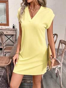 EMERY ROSE Women's Textured Solid Color V-Neck Vacation Dress - Apricot - View 3