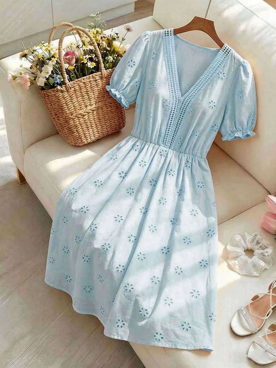 GlowEve 女款優雅泡泡袖蕾絲拼接時尚洋裝 - 藍色 - 查看 1
