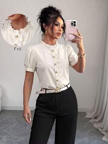 Elenzga Women's Solid Color Single-Breasted Casual Versatile Daily Wear Shirt - Apricot - View 6