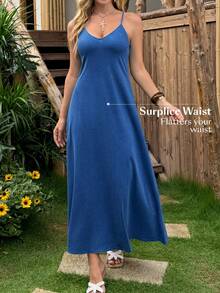 EMERY ROSE Gaun Denim Kasual Rajut Warna Polos untuk Liburan Wanita dengan Tali Bahu - Biru - View 5