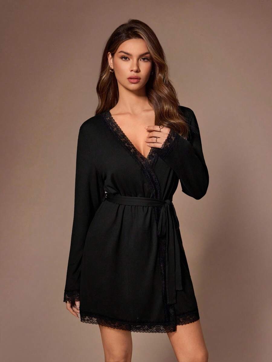 Lazeform Lace Trim Sexy Lightweight Robe Sleepwear - Black - View 1
