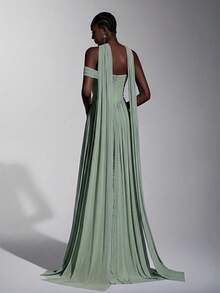 Elitara Elegant Strapless Mesh Gown,Fishbone Decor Front Slit Ruffle Trim Flared A-Line Silhouette With Train,Formal Party Bridesmaid Evening Dress In Blue - Green - View 2