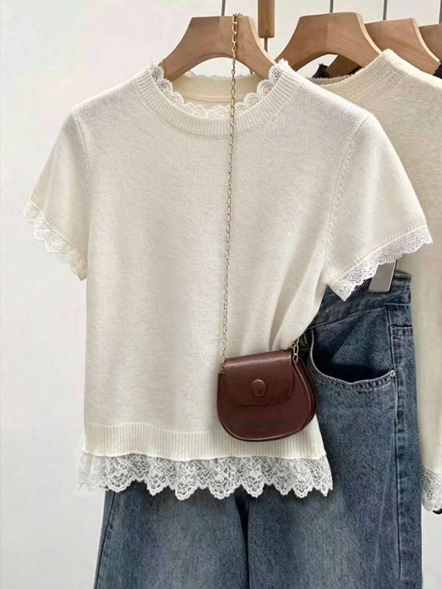 SHEIN Franclia 女款春/夏套頭毛衣,杏色圓領毛衣配白色蕾絲飾邊,蕾絲飾邊短袖設計,休閒時尚韓/法風女款針織上衣 - 杏色 - 查看 1