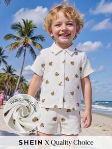 SHEIN Vintaside Kids 2pcs Young BoyTextured Stripe Knit Shirt And Shorts Set - White - View 9