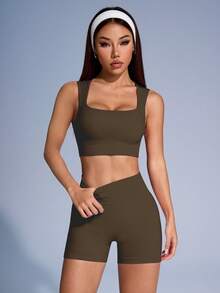 Easithlete Easithlete Conjunto de top de chaleco deportivo y shorts de unicolor acanalado para mujeres, conjunto de ropa deportiva para mujeres - Óxido marrón - Ver 5