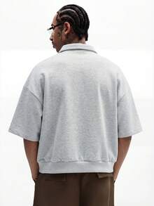 SUMWON Zip Neck Polo Shirt With Script Embroidery Short Sleeve Collared Top Summer Casual - Light Grey - View 2