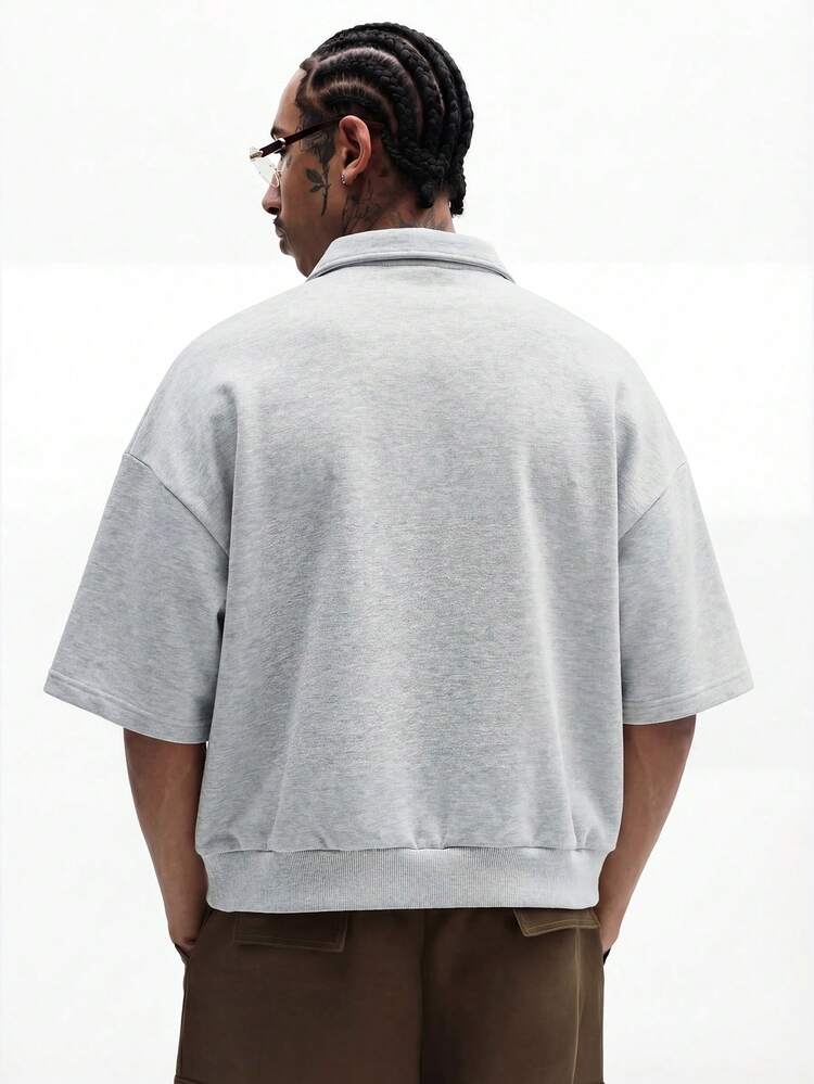 Zip Neck Polo Shirt With Script Embroidery Short Sleeve Collared Top Summer Casual