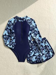 SHEIN Bộ áo tắm liền thân in họa tiết nhiệt đới dành cho bé gái tuổi teen kèm quần short - Màu xanh hải quân - Xem 3