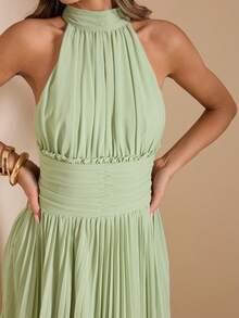 SHEIN BAE Spring & Summer Green Neck-Tie Waist Ruffle Dress, French Romantic Style For Dates And Vacations - Green - View 7