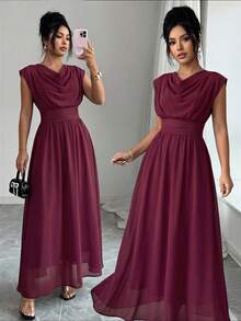 Modelyn Burgundy Chiffon Sleeveless Draped Neck Cinched Waist Long Flared Dress, Spring/Summer Dining Elegant Dining - Burgundy - View 4